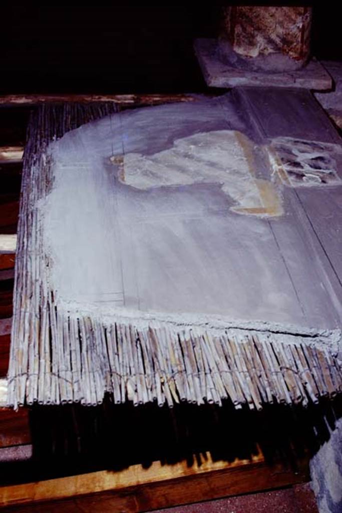 Oplontis Villa of Poppea, 1975 or 1974. Fallen plaster re-attached to panels of tied reeds. Photo by Stanley A. Jashemski.   
Source: The Wilhelmina and Stanley A. Jashemski archive in the University of Maryland Library, Special Collections (See collection page) and made available under the Creative Commons Attribution-Non Commercial License v.4. See Licence and use details. J74f0886