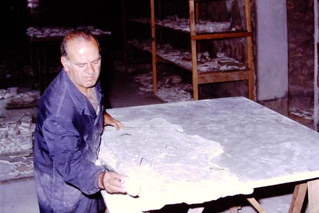Oplontis, 1975. Cement now dry, time to reveal the completed fragment. Photo by Stanley A. Jashemski.   
Source: The Wilhelmina and Stanley A. Jashemski archive in the University of Maryland Library, Special Collections (See collection page) and made available under the Creative Commons Attribution-Non Commercial License v.4. See Licence and use details. J75f0110