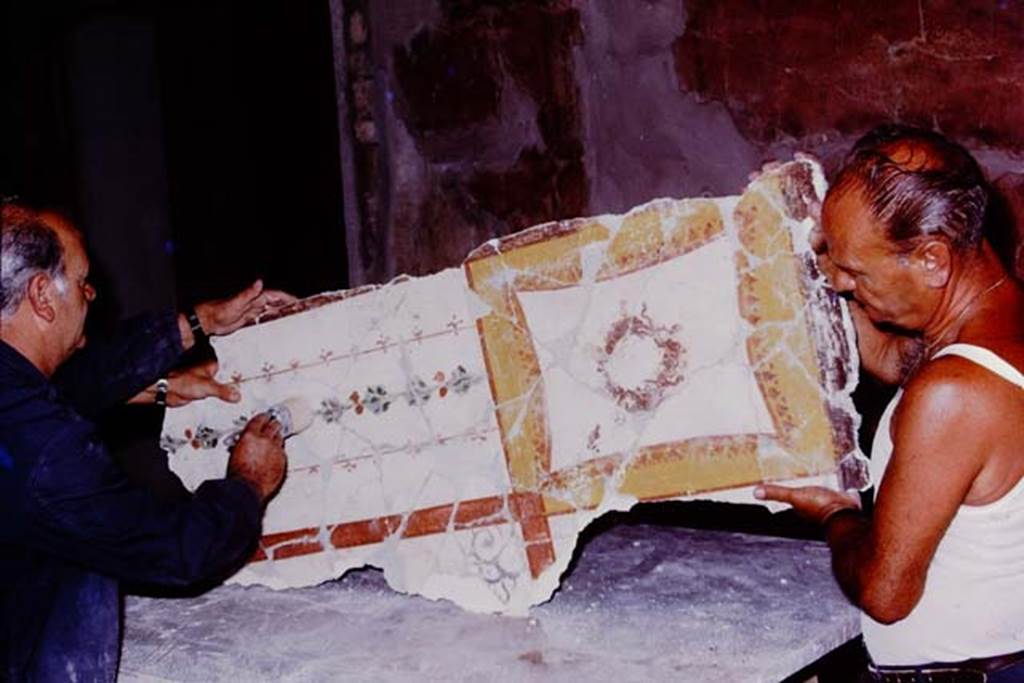 Oplontis, 1975. Completed fragment of painted plaster, with design intact. Photo by Stanley A. Jashemski.   
Source: The Wilhelmina and Stanley A. Jashemski archive in the University of Maryland Library, Special Collections (See collection page) and made available under the Creative Commons Attribution-Non Commercial License v.4. See Licence and use details. J75f0111