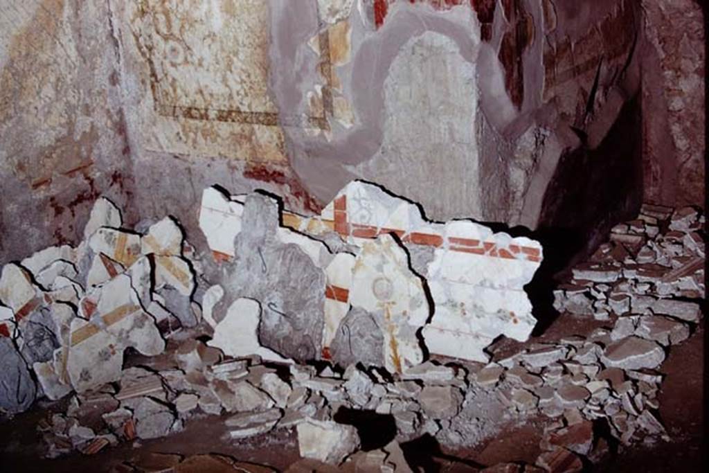 Oplontis Villa of Poppea, 1975. Fragments of plaster waiting to be re-attached. Photo by Stanley A. Jashemski.   
Source: The Wilhelmina and Stanley A. Jashemski archive in the University of Maryland Library, Special Collections (See collection page) and made available under the Creative Commons Attribution-Non Commercial License v.4. See Licence and use details. J75f0333