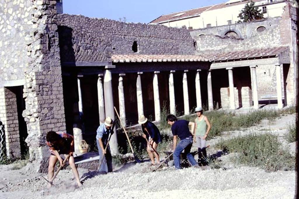 Oplontis Villa of Poppea, 1975 or 1974. Looking south-west across the east portico, room 34. Photo by Stanley A. Jashemski.   
Source: The Wilhelmina and Stanley A. Jashemski archive in the University of Maryland Library, Special Collections (See collection page) and made available under the Creative Commons Attribution-Non Commercial License v.4. See Licence and use details. J74f0894