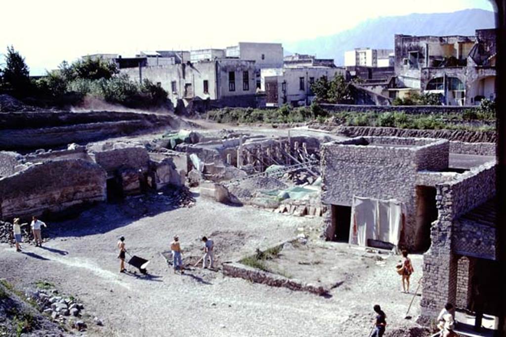 Oplontis Villa of Poppea, 1975 or 1974. Looking south-east across villa, from north garden.
Room 58, and doorway to room 55 can be seen, right of centre. Photo by Stanley A. Jashemski.   
Source: The Wilhelmina and Stanley A. Jashemski archive in the University of Maryland Library, Special Collections (See collection page) and made available under the Creative Commons Attribution-Non Commercial License v.4. See Licence and use details. J74f0898