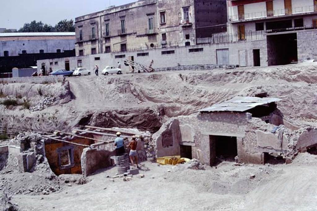 Oplontis, 1975. Looking north-west towards area being excavated, rooms 75/68 on left, and doorways to rooms 71/70/72, right of centre. Photo by Stanley A. Jashemski.   
Source: The Wilhelmina and Stanley A. Jashemski archive in the University of Maryland Library, Special Collections (See collection page) and made available under the Creative Commons Attribution-Non Commercial License v.4. See Licence and use details. J75f0158