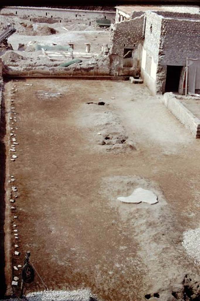 Oplontis, 1975. Looking south at east end of cleaned north garden, across line of root-cavities of 4 trees, and many smaller root cavities along the east side. 
Photo by Stanley A. Jashemski.   
Source: The Wilhelmina and Stanley A. Jashemski archive in the University of Maryland Library, Special Collections (See collection page) and made available under the Creative Commons Attribution-Non Commercial License v.4. See Licence and use details. J75f0202