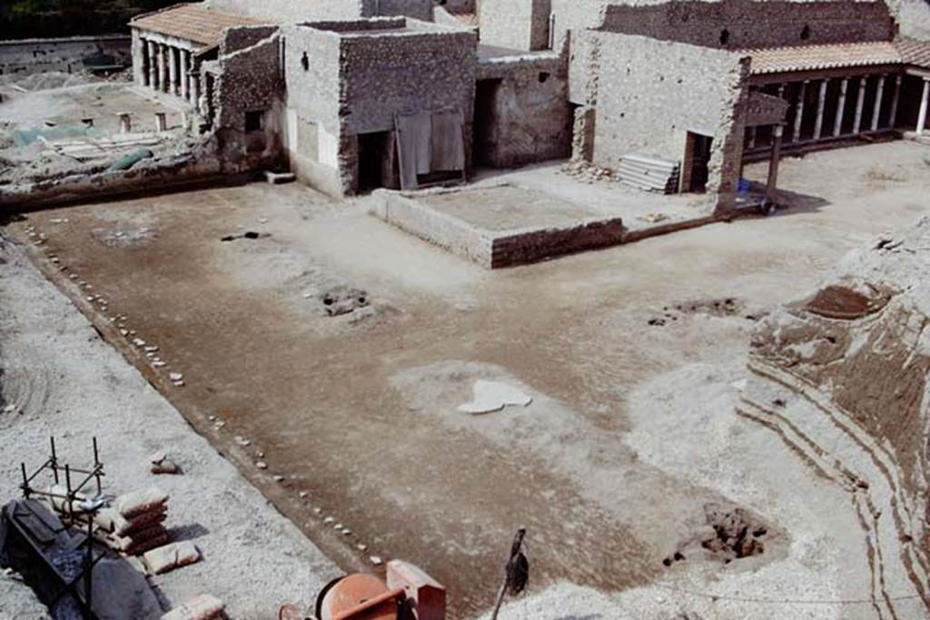 Oplontis, 1975. Looking south-west across east end of cleaned north garden, and four tree-root cavities. Photo by Stanley A. Jashemski.   
Source: The Wilhelmina and Stanley A. Jashemski archive in the University of Maryland Library, Special Collections (See collection page) and made available under the Creative Commons Attribution-Non Commercial License v.4. See Licence and use details. J75f0219
