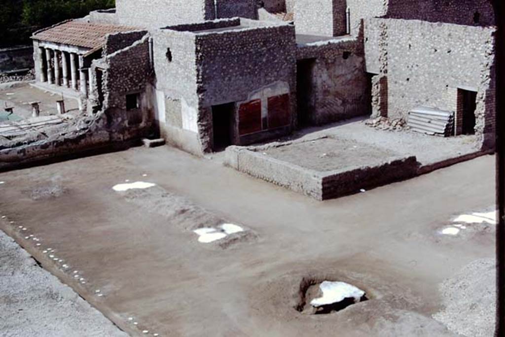 Oplontis, 1975. Looking south-west at east end of north garden. Photo by Stanley A. Jashemski.   
Source: The Wilhelmina and Stanley A. Jashemski archive in the University of Maryland Library, Special Collections (See collection page) and made available under the Creative Commons Attribution-Non Commercial License v.4. See Licence and use details. J75f0459