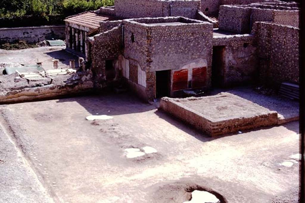 Oplontis, 1975. Looking south-west towards the painted plaster on exterior of wall of room 55, and painted wall of south-west corner of north garden. Photo by Stanley A. Jashemski.   
Source: The Wilhelmina and Stanley A. Jashemski archive in the University of Maryland Library, Special Collections (See collection page) and made available under the Creative Commons Attribution-Non Commercial License v.4. See Licence and use details. J75f0533