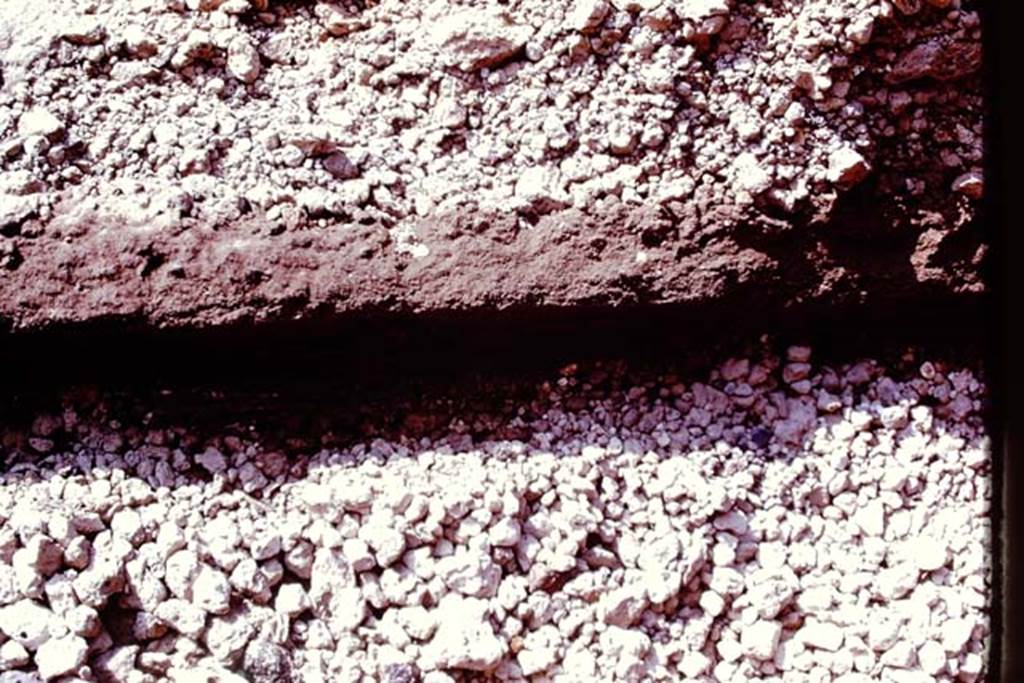 Oplontis, 1977. Differences in the layers of the eruption material. Photo by Stanley A. Jashemski.   
Source: The Wilhelmina and Stanley A. Jashemski archive in the University of Maryland Library, Special Collections (See collection page) and made available under the Creative Commons Attribution-Non Commercial License v.4. See Licence and use details. J77f0112