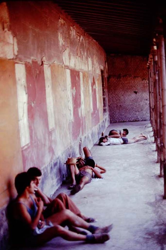 Oplontis, 1977. Room 34, siesta time in the east portico. Photo by Stanley A. Jashemski.   
Source: The Wilhelmina and Stanley A. Jashemski archive in the University of Maryland Library, Special Collections (See collection page) and made available under the Creative Commons Attribution-Non Commercial License v.4. See Licence and use details. J77f0116