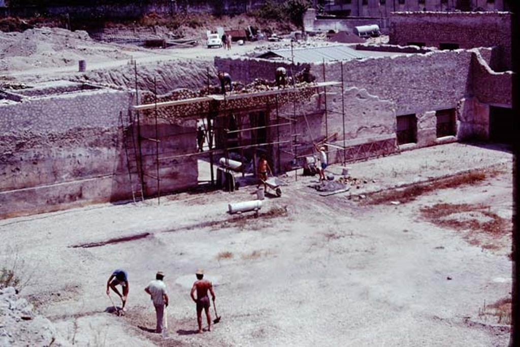 Oplontis, 1977. Area 56, looking east towards doorway to room 69, and consolidation work. Photo by Stanley A. Jashemski.   
Source: The Wilhelmina and Stanley A. Jashemski archive in the University of Maryland Library, Special Collections (See collection page) and made available under the Creative Commons Attribution-Non Commercial License v.4. See Licence and use details. J77f0118