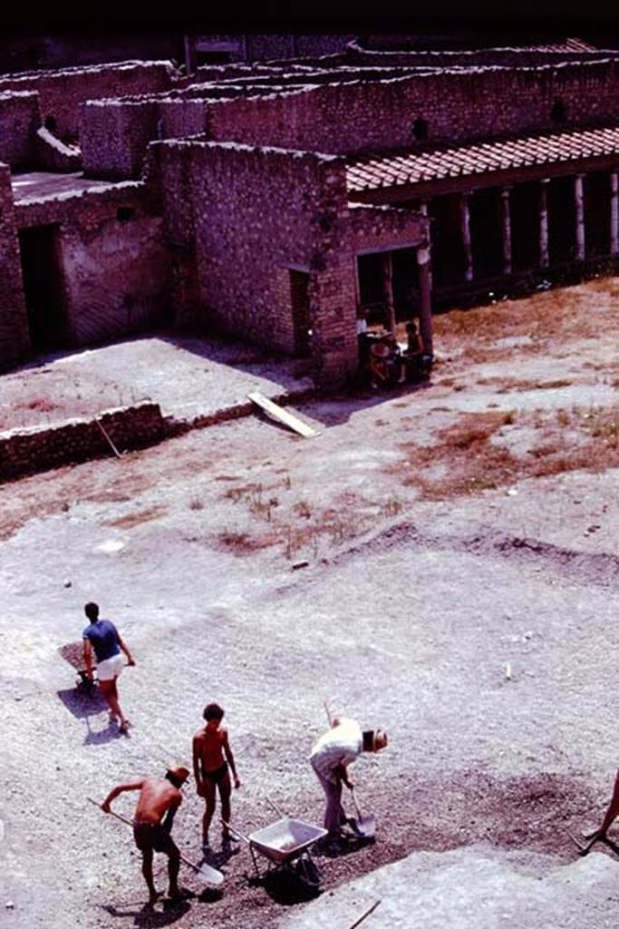 Oplontis, 1977. Looking south-west across east end of north garden. Photo by Stanley A. Jashemski.   
Source: The Wilhelmina and Stanley A. Jashemski archive in the University of Maryland Library, Special Collections (See collection page) and made available under the Creative Commons Attribution-Non Commercial License v.4. See Licence and use details. J77f0122