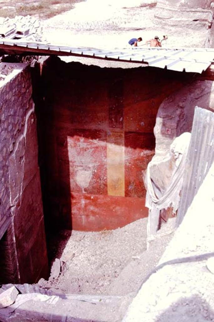 Oplontis, 1977.Looking down into room 78, during reconsolidation. Photo by Stanley A. Jashemski.   
Source: The Wilhelmina and Stanley A. Jashemski archive in the University of Maryland Library, Special Collections (See collection page) and made available under the Creative Commons Attribution-Non Commercial License v.4. See Licence and use details. J77f0134