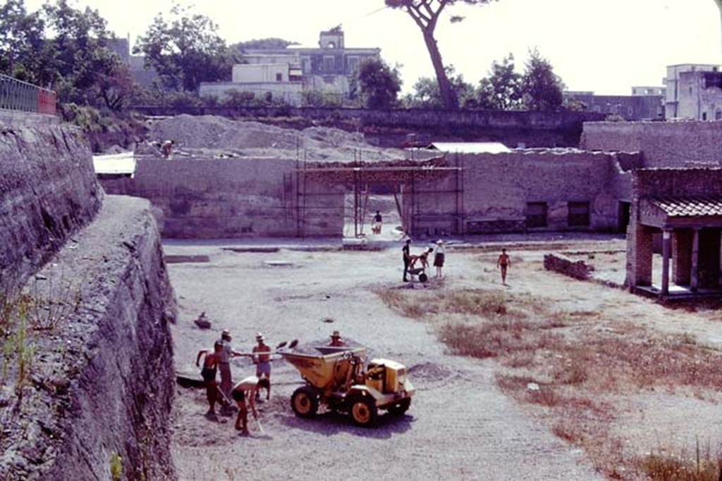 Oplontis, 1977. Looking east along north side of the rear garden, towards large doorway of room 69. Photo by Stanley A. Jashemski.   
Source: The Wilhelmina and Stanley A. Jashemski archive in the University of Maryland Library, Special Collections (See collection page) and made available under the Creative Commons Attribution-Non Commercial License v.4. See Licence and use details. J77f0149