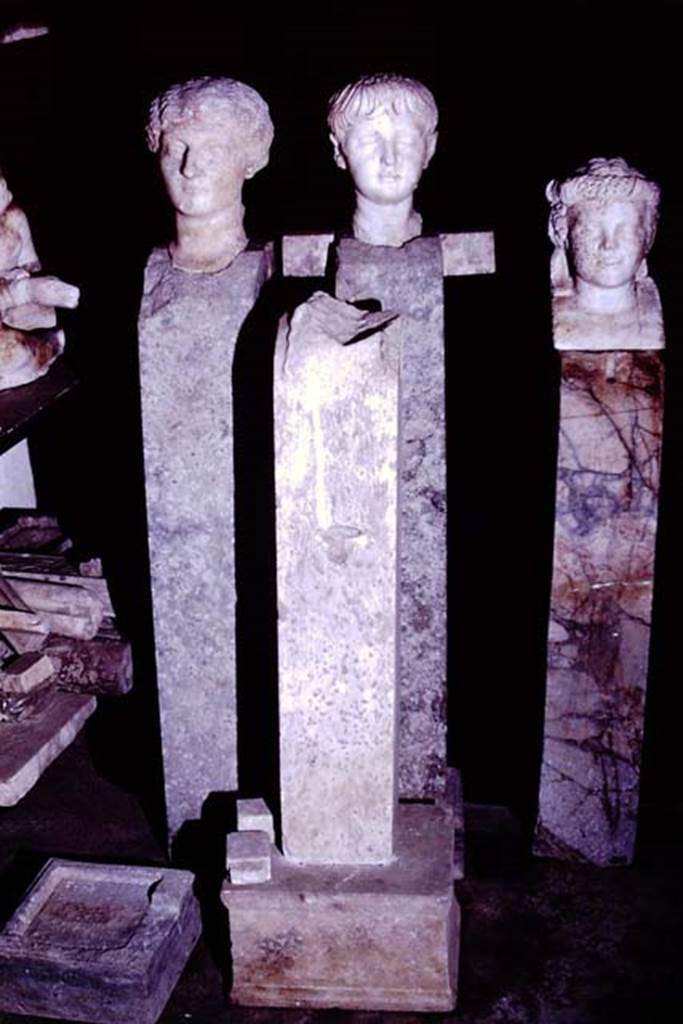 Oplontis, 1977. Marble heads, herms and statue bases. Photo by Stanley A. Jashemski.   
Source: The Wilhelmina and Stanley A. Jashemski archive in the University of Maryland Library, Special Collections (See collection page) and made available under the Creative Commons Attribution-Non Commercial License v.4. See Licence and use details. J77f0337