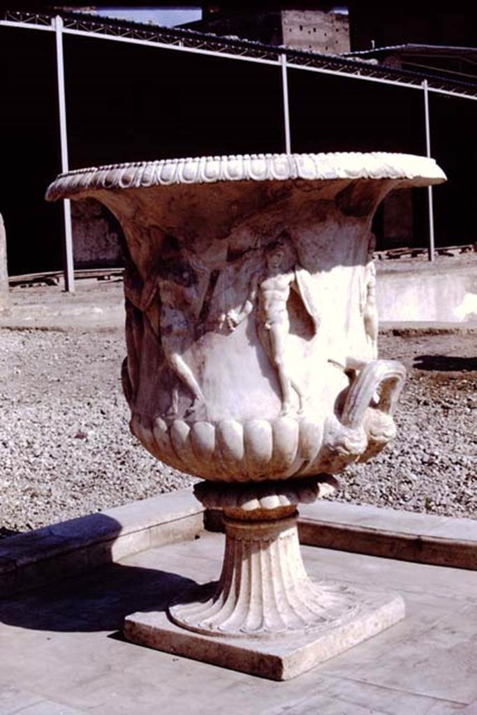 Oplontis, 1978. Large crater fountain vase positioned in the centre of the south side of the pool.  Photo by Stanley A. Jashemski.   
Source: The Wilhelmina and Stanley A. Jashemski archive in the University of Maryland Library, Special Collections (See collection page) and made available under the Creative Commons Attribution-Non Commercial License v.4. See Licence and use details. J78f0048
According to Wilhelmina, “We were delighted to see they had discovered the base of the beautiful marble crater fountain in a small pool in the garden area on the south side of the swimming pool where the crater had been originally located. We had admired the fountain on a previous trip, for it had been found earlier, in the rear portico of the villa where it had been stored, possibly after the earthquake.”
See Jashemski, W.F., 2014. Discovering the Gardens of Pompeii: Memoirs of a Garden Archaeologist, (p.263).
According to Wilhelmina, “the base of the large crater fountain was found in fragments in passage 53, where it had been stored at the time of the eruption”.
See Jashemski, W. F., 1993. The Gardens of Pompeii, Volume II: Appendices. New York: Caratzas. (p.298).