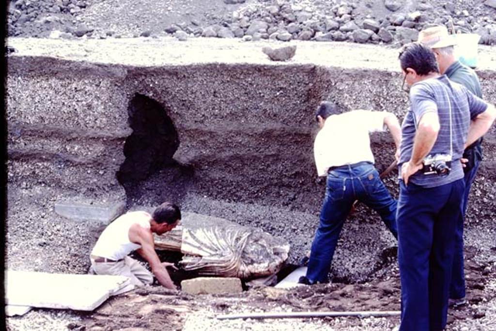 Oplontis Villa of Poppea, July 1983. Clearing the lapilli and digging out the statue of Nike. Statue base 10 still in the lapilli, and the statue at the side of it.
Source: The Wilhelmina and Stanley A. Jashemski archive in the University of Maryland Library, Special Collections (See collection page) and made available under the Creative Commons Attribution-Non Commercial License v.4. See Licence and use details. Oplo0167