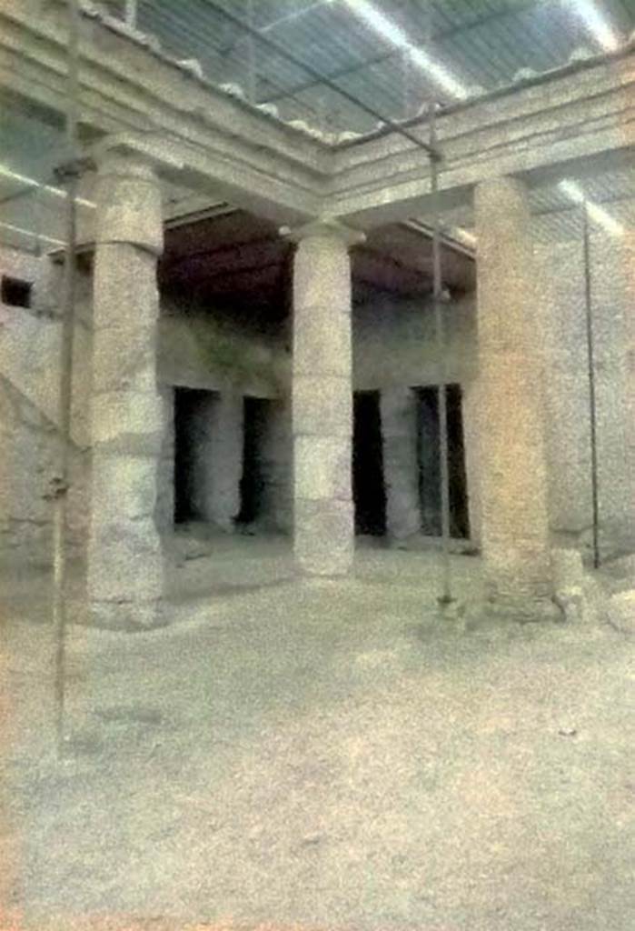 Villa of L Crassius Tertius. May 2011. Storage rooms 5, 6, 7 and 8 accessible from the peristyle areas 18bis and 36. On the wall can be seen the outline of a wooden staircase to the upper level.
Photo courtesy of Michael Binns.