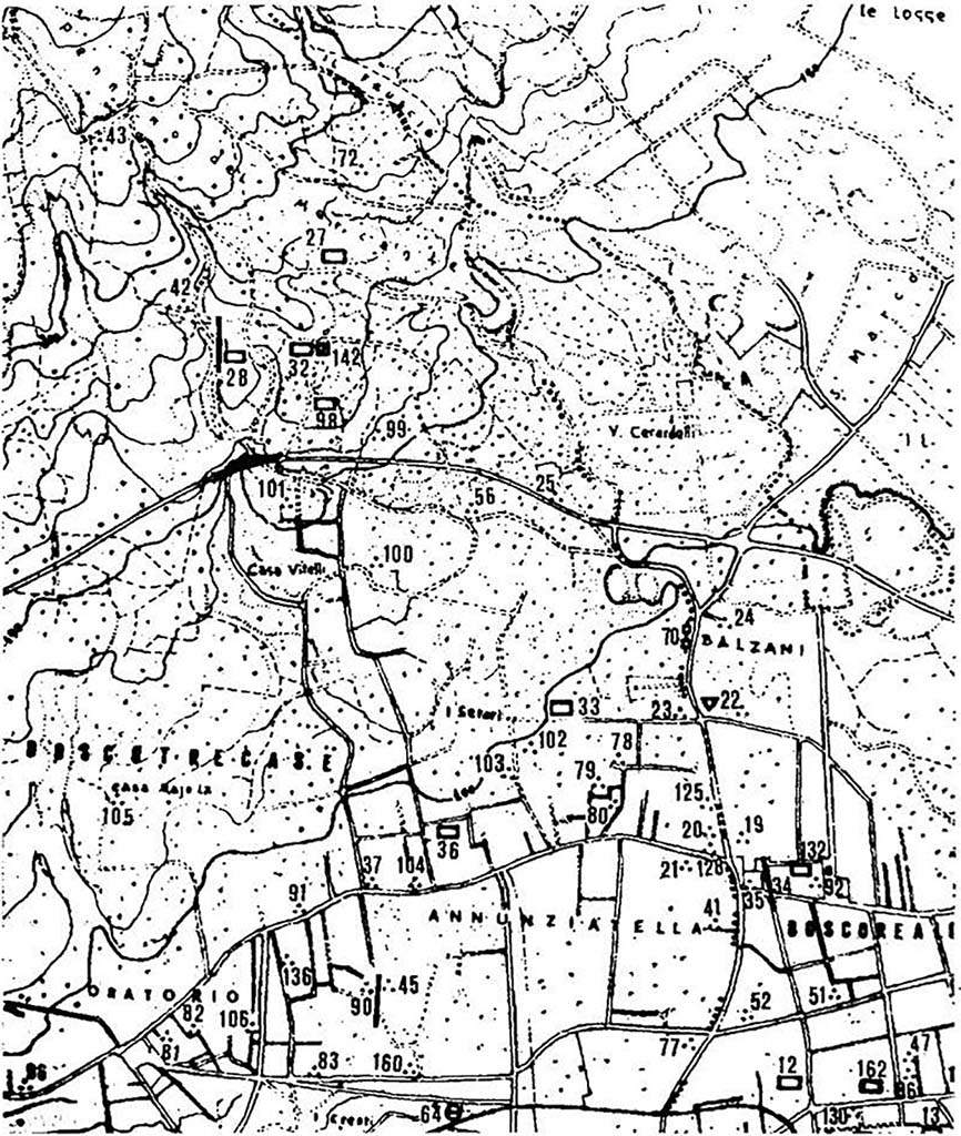 Boscotrecase, Villa on fondo Bergamasco at Casavitelli. The villa is number 98 on this plan.
See Casale A., Bianco A., Primo contributo alla topografia del suburbio pompeiano: Supplemento al n. 15 di ANTIQUA ottobre-dicembre 1979, 98, p. 45 and plan at rear of book.
See Casale, A., 1982 Fonti documentarie per la storia degli Scavi di Boscotrecase nel 1700 in Sylva Mala III, 1982, p. 10-12.
