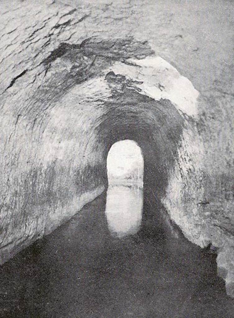 Terme di Marco Crasso Frugi. Torre Annunziata. Underground water passage or reservoir.
According to Malandrino in May 1960, during works to extend and transform the existing thermal baths, a casual discovery (or rediscovery) was made. 
Several tunnels of ancient fabric were discovered which served to carry the water to the ancient baths.
Only two were explored but apparently there were others.
More recent fragments of pottery and lamps were found, which may date from the 1831-4 excavations.
Probably the tunnels were originally explored and then walled up at that date.
This gave rise to the suggestion that this was a rediscovery, rather than a discovery, in 1960.
See Malandrino C., 1977. Oplontis. Napoli: Loffredo editore, pp. 46f.