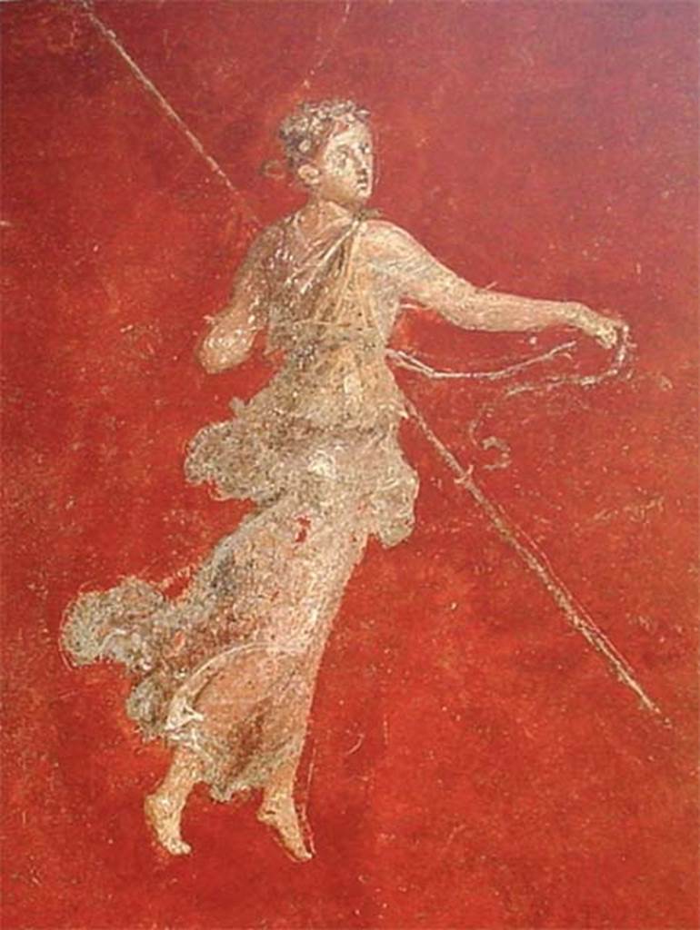 Gragnano, Villa rustica in Località Carmiano, Villa A. Triclinium 1. 
East wall, flying figure to left of fresco of Bacchus and Ceres.
In her right hand she holds a ribbon and in the left a thyrsus.