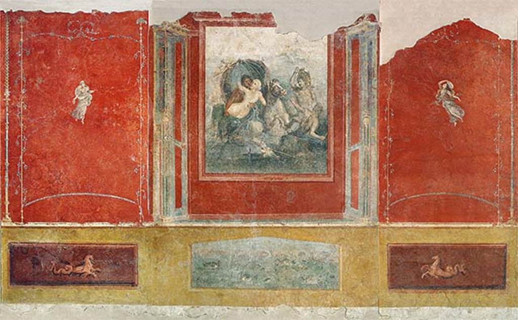 Gragnano, Villa rustica in Località Carmiano, Villa A. Triclinium 1. 
West wall with fresco of Neptune and Amymone and flying figures.
Photo courtesy of Mentnafunangann (Own work). Use subject to CC BY-SA 3.0, via Wikimedia Commons. Stabiae Antiquarium, inventory numbers 63685.