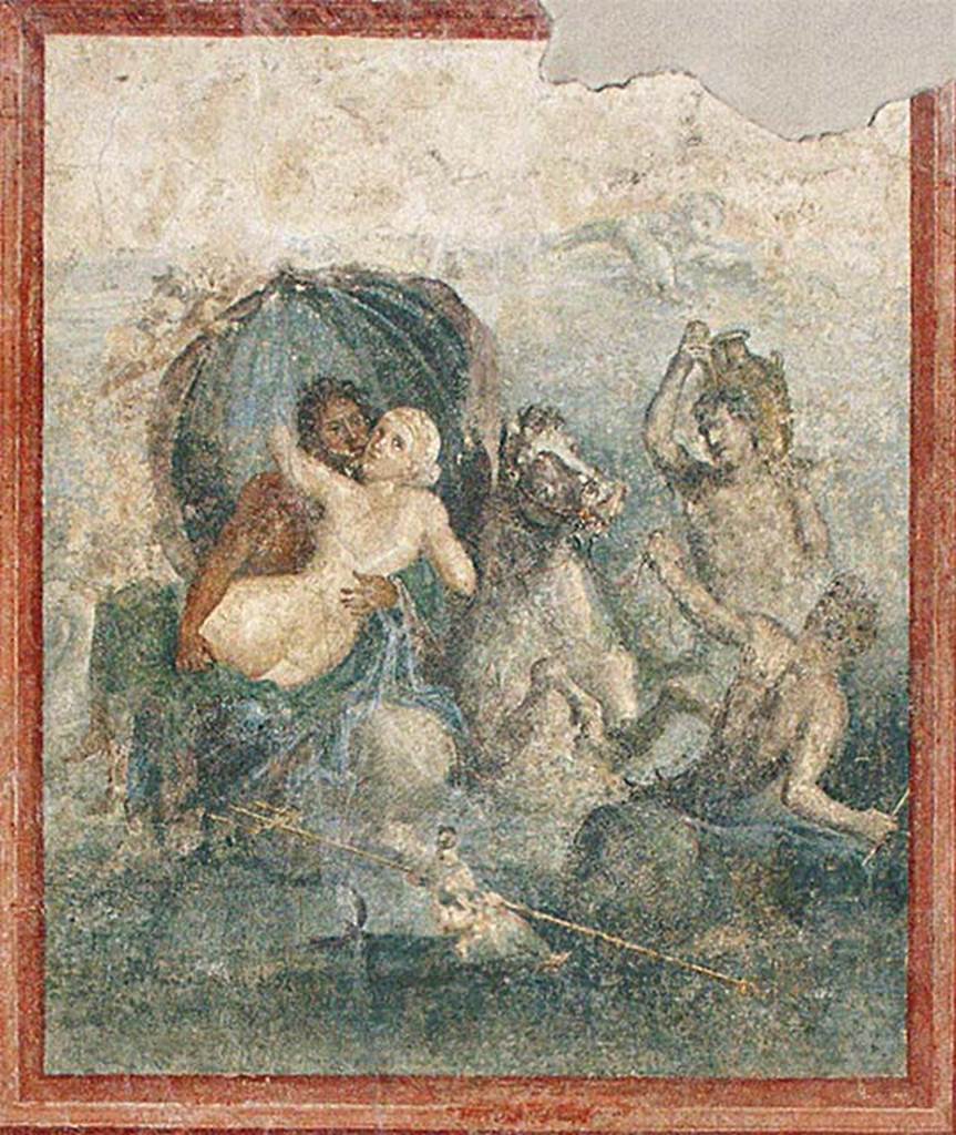 Gragnano, Villa rustica in Località Carmiano, Villa A. Triclinium 1. West wall. 
Fresco of Neptune and Amymone, seated astride a horse rampant.
See Bonifacio G., 2004. In Stabiano: Exploring the Ancient Seaside Villas of the Roman Elite. Castellamare: Nicola Longobardi, p. 71.
According to Croisille, 
This is the abduction of a Nereid by Neptune on his sea chariot. 
The God is shown with abundant hair and a black beard, swarthy face and brown skin tone, contemplates lustfully the Nereid he carries in his arms.
The Nereid with a pale skin tone her body held against the god has her head turned looking at the viewer.
Note the almost human expression of the rampant horse. 
There are two figures on the right: one carries a pitcher on the neck, while the other, in a natural movement, is striving to lead the rearing horse.
The fabrics agitated by the breeze, form a kind of canopy above the main group.
See Croisille J. M., 1966. Les Fouilles archéologiques de Castellammare : Latomus XXV, 1966, p. 250.
According to Wikipedia, Amymone is usually represented by a water pitcher, a reminder of the sacred springs and lake of Lerna and of the copious wells that made Argos the "well-watered".
See https://en.wikipedia.org/wiki/Amymone