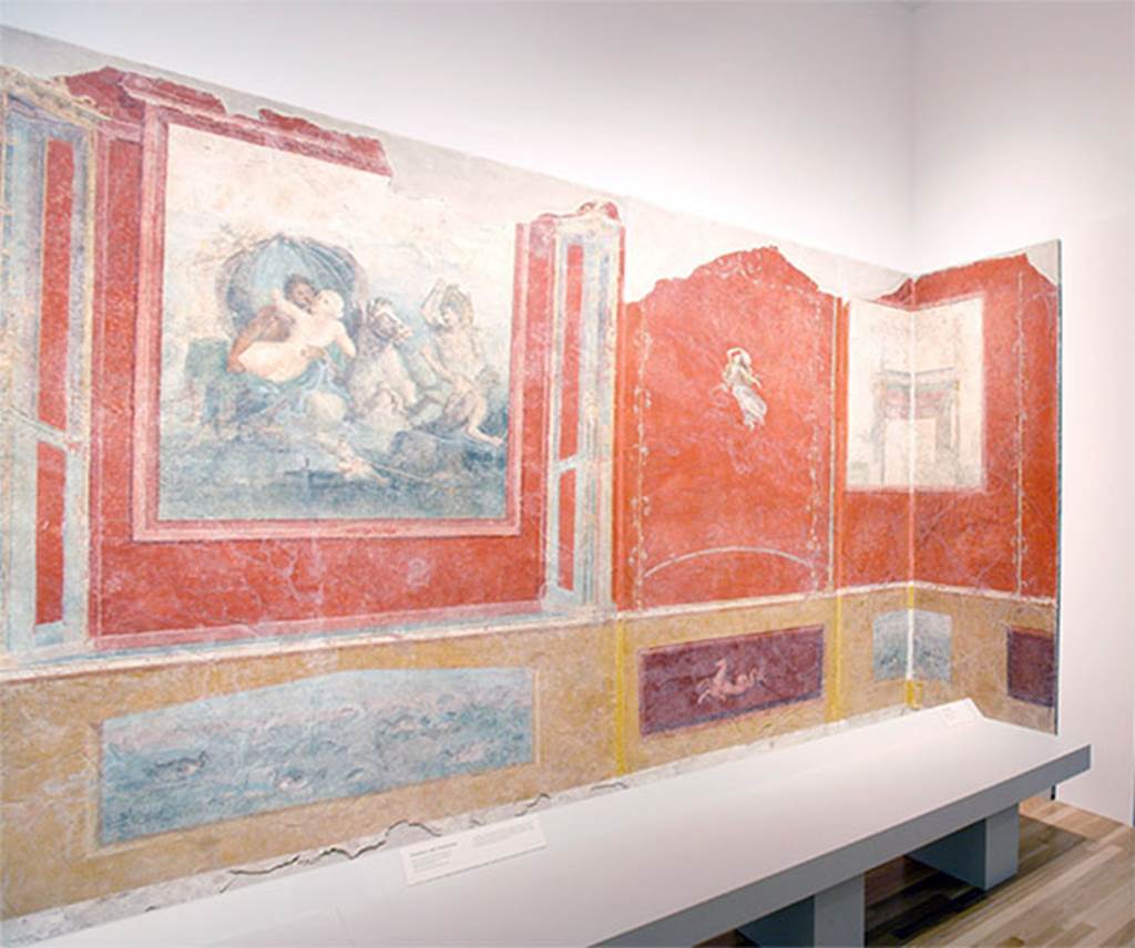 Gragnano, Villa rustica in Località Carmiano, Villa A. Triclinium 1. 
West wall with fresco of Neptune and Amymone and architectural painting continuing round the north-west corner.
According to Eristov, the unique vista contained in the architectural angle tends to eliminate the actual quadrangular space in favour of a fictitiously octagonal space, the false sides of which open in impossible windows. 
Such painting, with its moving continuity of processions and the abolition of the corners seems a unique case within Campanian painting.
See Eristov H., 1978. A propos d’une peinture de Carmiano a l’Antiquarium di Castellammare di Stabia. Latomus, 37, 1978, pp. 632.