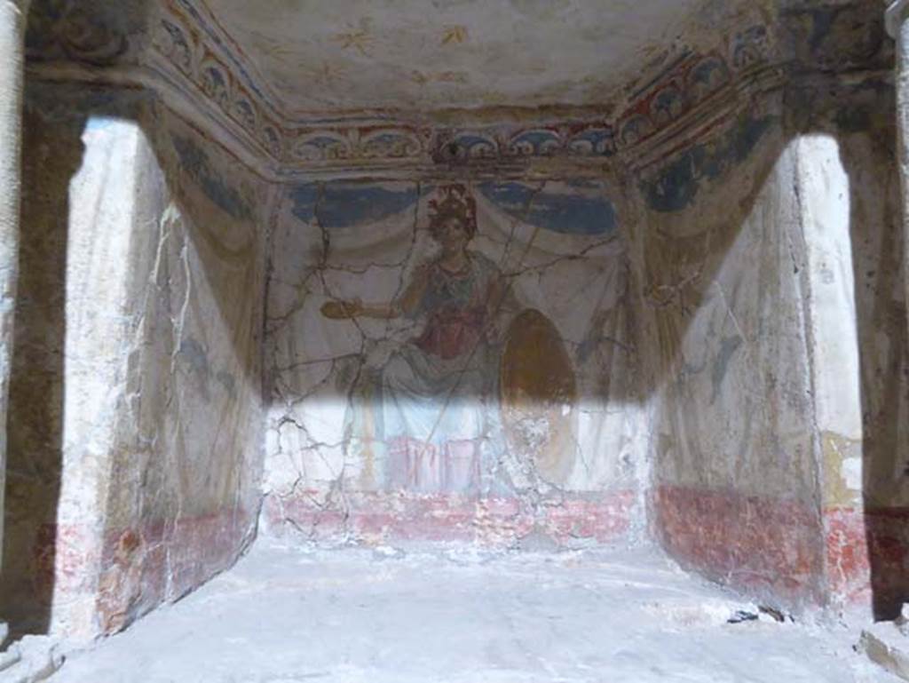 Gragnano, Villa rustica in Località Carmiano, Villa A. June 2017. Lararium niche with painting of Minerva. 
From dividing pilaster between kitchen room 4 and room 2. 
Photo courtesy of Michael Binns.