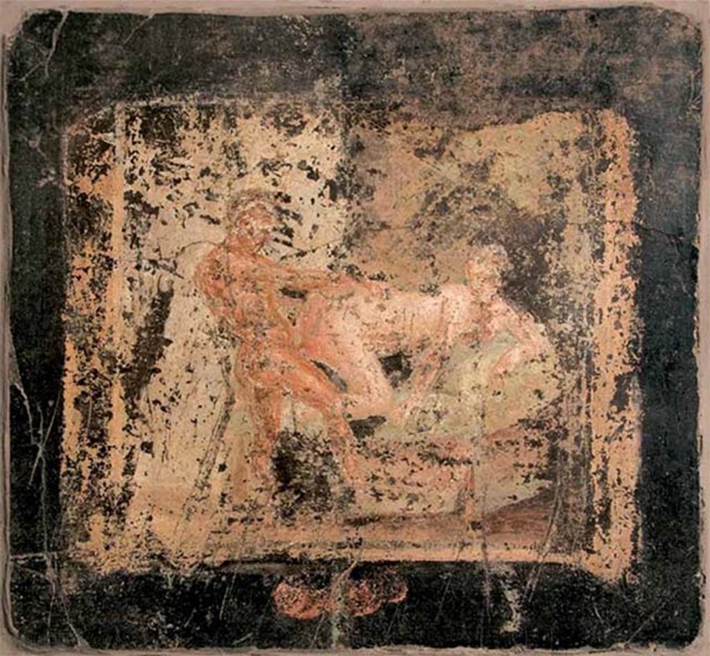 Gragnano, Villa rustica in Località Carmiano, Villa A. Cubiculum 8, panel with shutters and erotic central scene.
Stabiae Antiquarium, inventory number 63529.