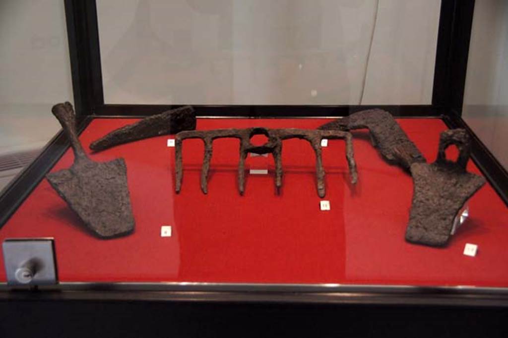 Gragnano, Villa rustica in Località Carmiano, Villa A. Agricultural implements.
Stabiae Antiquarium, inventory numbers 
63297 vanga (spade) found in room 2.
63295 piccone (pickaxe) found in room 2.
63484 rastrello (rake) found in room 8.
63416 roncola (billhook) found in room 4.
63296 zappa (hoe) found in room 2.
Photo courtesy of Margaret Hicks.