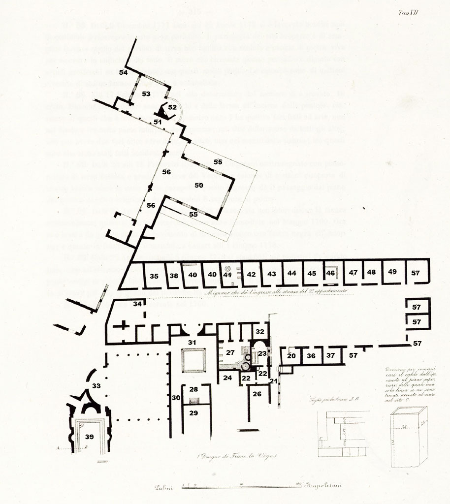 Stabiae, Villa del Pastore. 1775-8 plan of western part of the villa by Francesco La Vega.
See Ruggiero M., 1881. Degli scavi di Stabia dal 1749 al 1782, Naples, pl. VII.