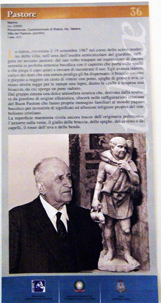 Stabiae, Villa del Pastore. Garden. Libero D’Orsi and statue. Information board on display at Quisisana.
Photo courtesy of Margaret Hicks.