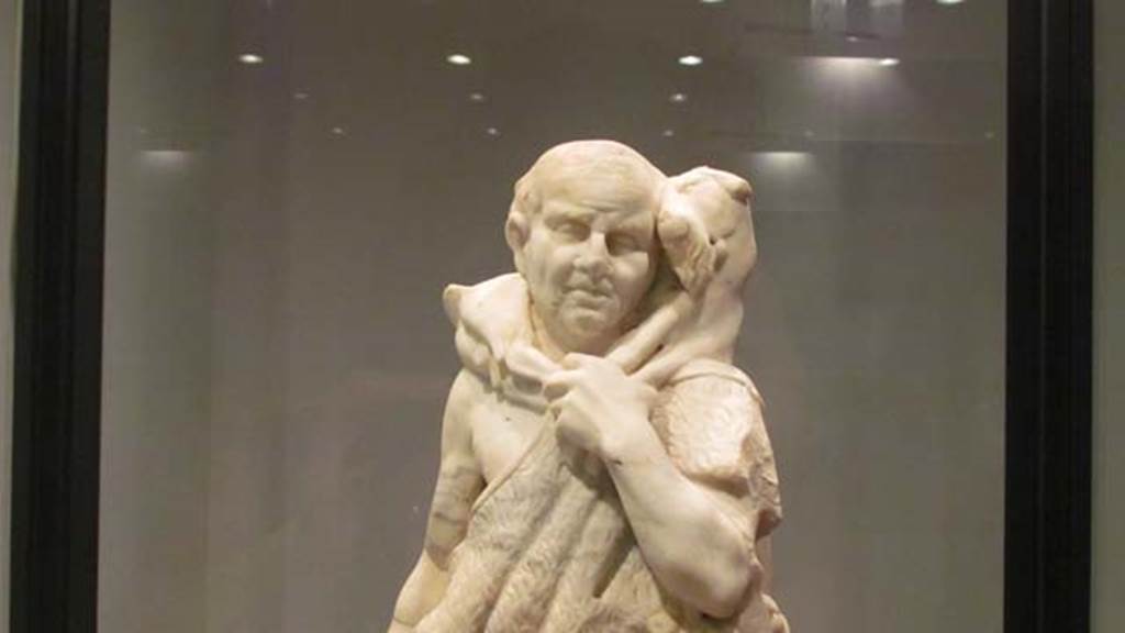 Stabiae, Villa del Pastore. Garden. Shepherd with goat on his shoulders.
Stabia Antiquarium. Inventory number 63908. 
Photo courtesy of Donna Dollings.