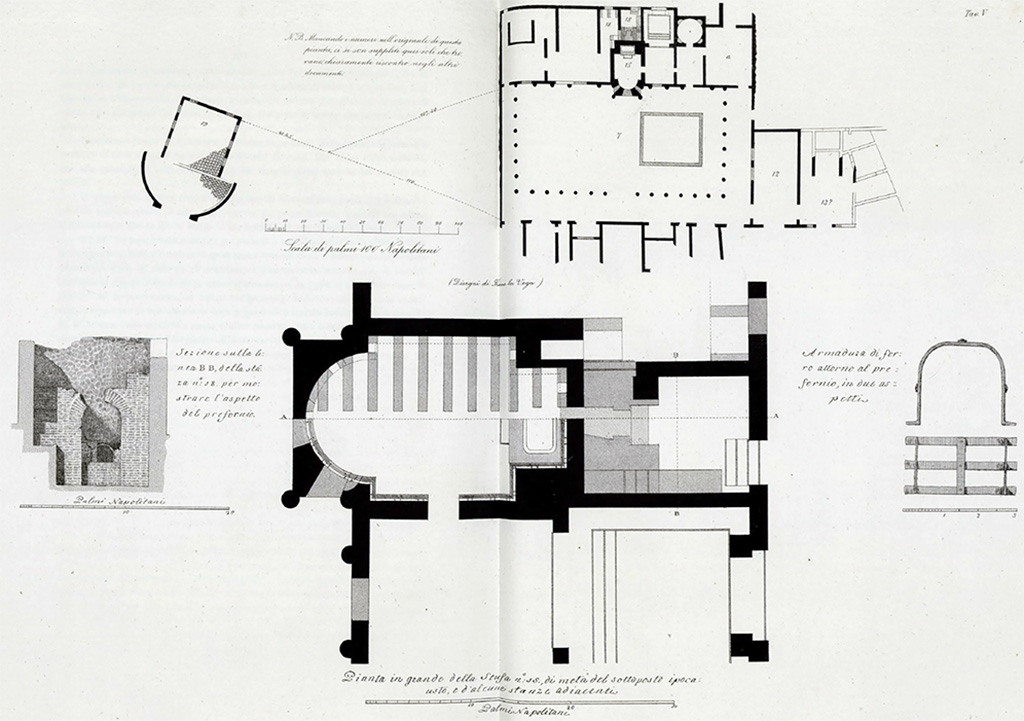 Stabiae, Secondo Complesso, Villa Arianna B. 1775-8 plan of part of the villa excavated by Francesco La Vega in 1762 and 1775, published in 1881 by Ruggiero.
Restano tali fabbriche nel territorio di Castellamare, sito detto Varano, nel podere di D. Ignazio Girace, quale fu prima di D. Pietro Girace. 
Remains found in the territory of Castellamare, at the site known as Varano, on the estate of D. Ignazio Girace, which was previously owned by D. Pietro Girace. 
See Ruggiero M., 1881. Degli scavi di Stabia dal 1749 al 1782, Naples, p. 297, Tav. V.
Restano tali fabbriche nel territorio di Castellamare, sito detto Varano, nel podere di D. Ignazio Girace, quale fu prima di D. Pietro Girace. Si era già scavata piccola porzione di questa fabbrica dalli primi Luglio 1762 agli ultimi Settembre dello stesso anno. Si è tornato a scavare nel sito contrasegnato alli 2 Maggio 1775.
Remains found in the territory of Castellamare, at the site known as Varano, on the estate of D. Ignazio Girace, which was previously owned by D. Pietro Girace. A small portion of these remains had already been excavated from early July 1762 to late September of the same year. It was excavated again at the site marked on 2 May 1775.
See Ruggiero M., 1881. Degli scavi di Stabia dal 1749 al 1782, Naples, p. 297, Tav. V.