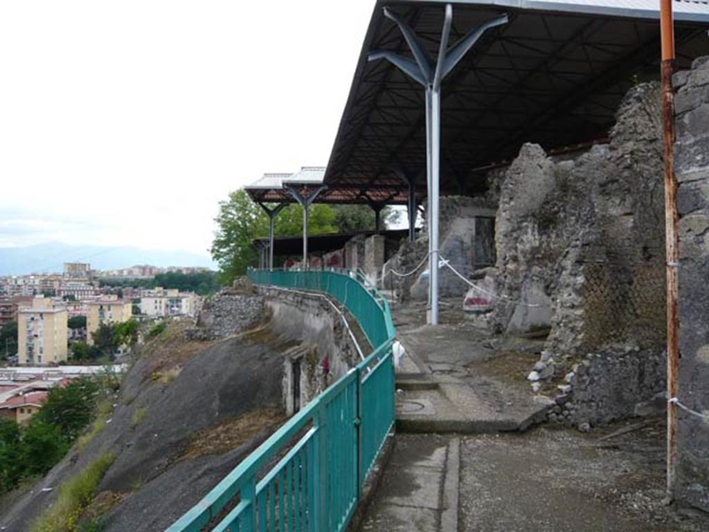 Stabiae, Secondo Complesso, May 2010. Corner of room 35 of Villa Arianna, on right of photo. 
Looking east towards the Secondo Complesso, Villa B. Photo courtesy of Buzz Ferebee.