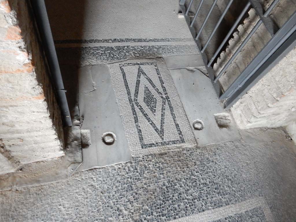 Stabiae, Secondo Complesso, June 2019. Room 15, decorated mosaic doorway threshold into room 19.
Photo courtesy of Buzz Ferebee.
