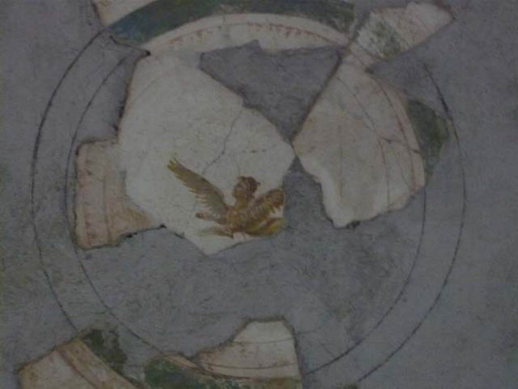 Stabiae, Secondo Complesso (Villa B), May 2010. Room 19, circular ceiling painting of a winged sphinx. 
Photo courtesy of Buzz Ferebee.