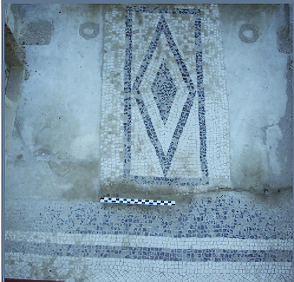 Stabiae Secondo Complesso ambiente 19 soglia. 2015.
Photo courtesy of Carmela Ariano, Varano, Secondo Complesso, cubicolo 19, tessellato monocromo con soglia, in TESS – scheda 18035.
http://tess.beniculturali.unipd.it/web/scheda/?recid=18035 
Use: CC BY-NC-SA 2.5 
See PISAPIA, M. S. 1989, in Mosaici antichi in Italia, Regione prima. Stabia, Roma, p. 54, tavv. XXVIII-XXIX.