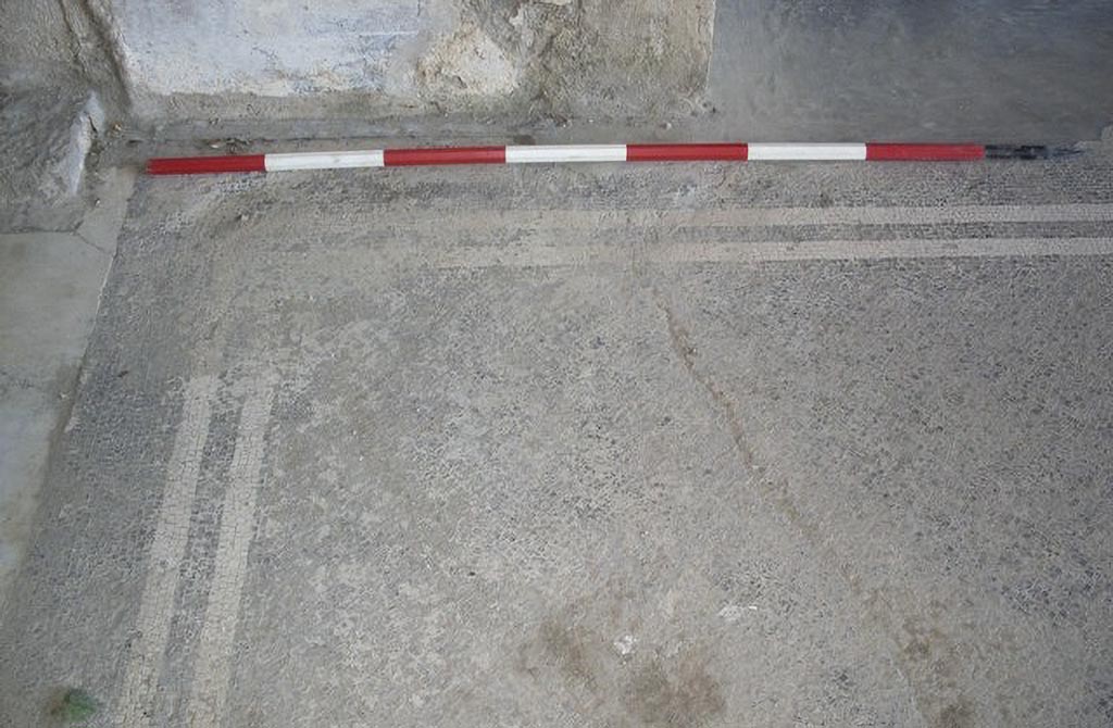 Stabiae Secondo Complesso ambiente 14. 2015. Room 14, mosaic in south-west corner.
Photo courtesy of Carmela Ariano, Varano, Secondo Complesso, triclinio 14, tessellato monocromo, in TESS – scheda 18031.
http://tess.beniculturali.unipd.it/web/scheda/?recid=18031 
Use: CC BY-NC-SA 2.5 
See Pisapia, M. S., 1989, in Mosaici antichi in Italia, Regione prima. Stabia, Roma, p. 54, Tav. XXIX.