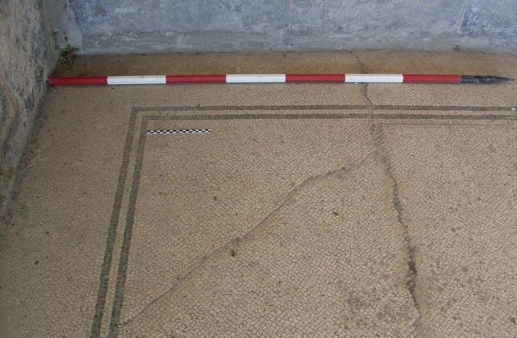 Stabiae Secondo Complesso. 2015. Room 21, flooring in south-east corner.
Photo courtesy of Carmela Ariano, Varano, Secondo Complesso, esedra 21, tessellato monocromo, in TESS – scheda 18037.
http://tess.beniculturali.unipd.it/web/scheda/?recid=18037 
Use: CC BY-NC-SA 2.5
Pisapia numbers this floor as number 103,
See Pisapia, M. S., 1989, in Mosaici antichi in Italia, Regione prima. Stabia, Roma, p. 54, tav. XLIII.