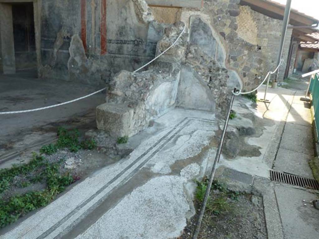 Stabiae, Secondo Complesso (Villa B), September 2015. Room 12, looking west along south side of mosaic floor into the south-west corner of the room. Room 14 is on the left.