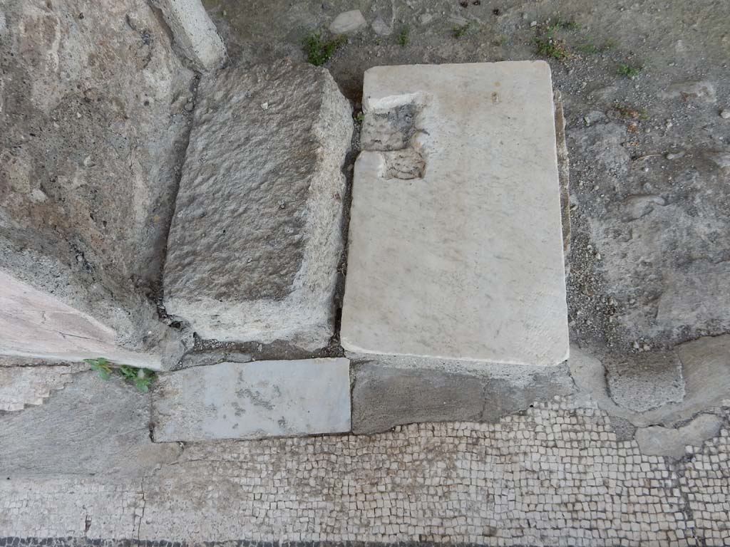 Stabiae, Secondo Complesso, June 2019. Room 12, mosaic floor and threshold on east side of doorway to room 13.
Photo courtesy of Buzz Ferebee.