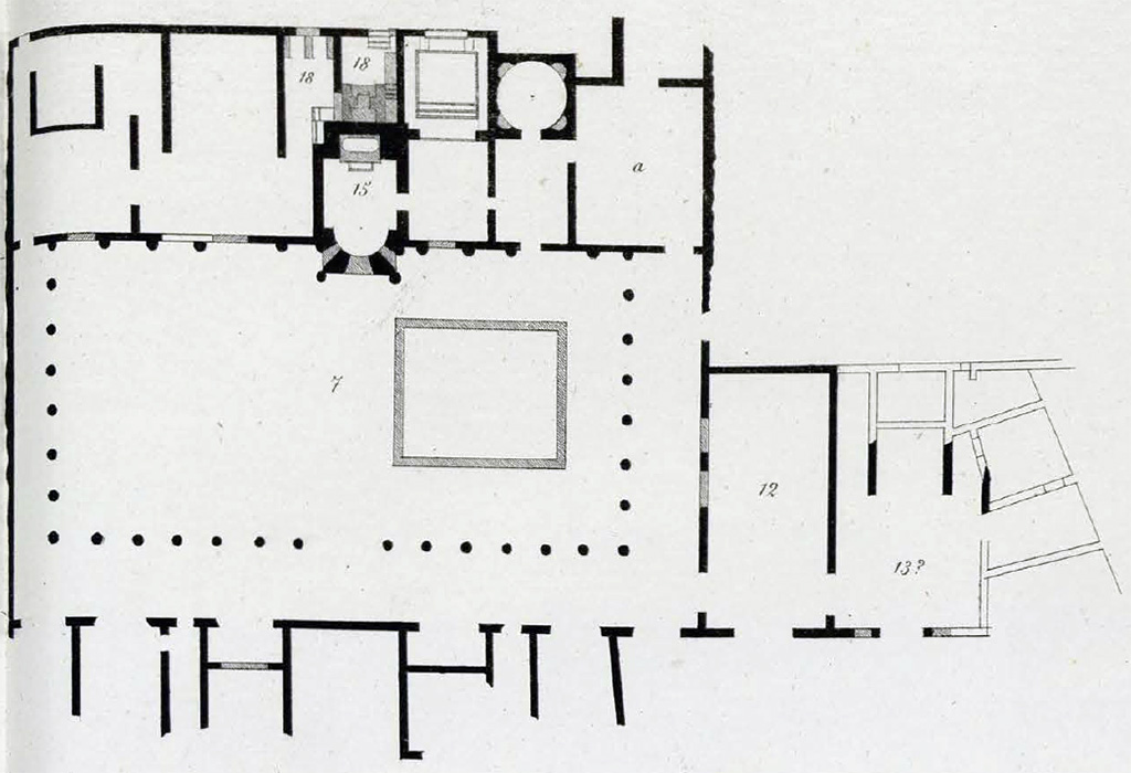 101. Stabiae, Secondo Complesso or Villa Arianna B. Plan based on La Vega published in 1881 by Ruggiero.
Tav. V ha la nota: N.B. Mancando i numeri nell’originale di questa pianta, ci si son suppliti quei soli che ho vano chiaramente riscontro negli altri documenti.
Tav. V has the note: N.B. Since the numbers in the original of this plan were missing, we have substituted only those ones for which I have clear evidence in other documents.
See Ruggiero M., 1881. Degli scavi di Stabia dal 1749 al 1782, Naples, Tav. V.
