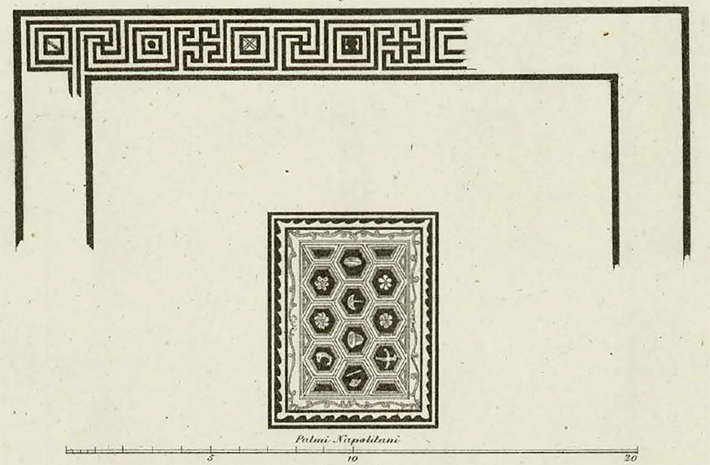 Stabia, Secondo Complesso, Villa Arianna B. Ruggiero/La Vega room 1, mosaic floor
See Ruggiero M., 1881. Degli scavi di Stabia dal 1749 al 1782, Naples, Tav. VI,1a.