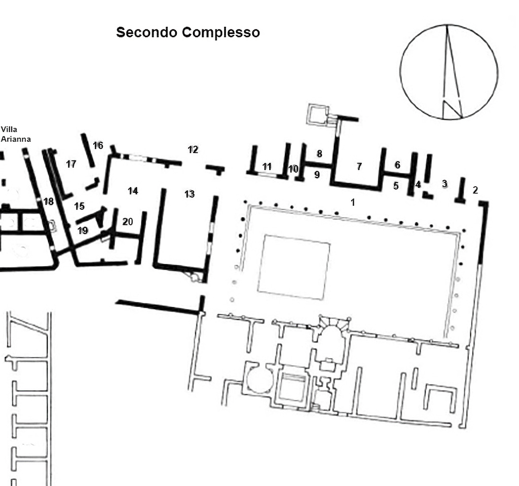 Stabiae, Secondo Complesso, Villa Arianna B. Kockel 1985 plan Stabiae, Secondo Complesso, Villa Arianna B. Plan adapted from Kockel 1985.
See Kockel V., 1985. Funde und Forschungen in den Vesuvstadten 1: Archäologischer Anzeiger, Heft 3. 1985, Abb. 13. This differs from our plan in the area of rooms 20 and 21. 20 here is our room 21 and the unnumbered room between 19 and 21 is our room 20.