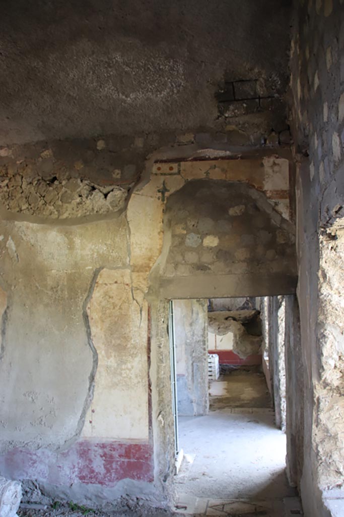 Stabiae, Villa Arianna, October 2022. 
Room M, south wall at west end, looking south through doorway into room N and to room O beyond. 
Photo courtesy of Klaus Heese.