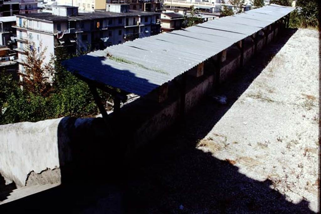 Villa Arianna, 1968, looking from the loggia down the steps to lower floor and to the original sea-shore. Photo by Stanley A. Jashemski
Source: The Wilhelmina and Stanley A. Jashemski archive in the University of Maryland Library, Special Collections (See collection page) and made available under the Creative Commons Attribution-Non Commercial License v.4. See Licence and use details. Jmis0091