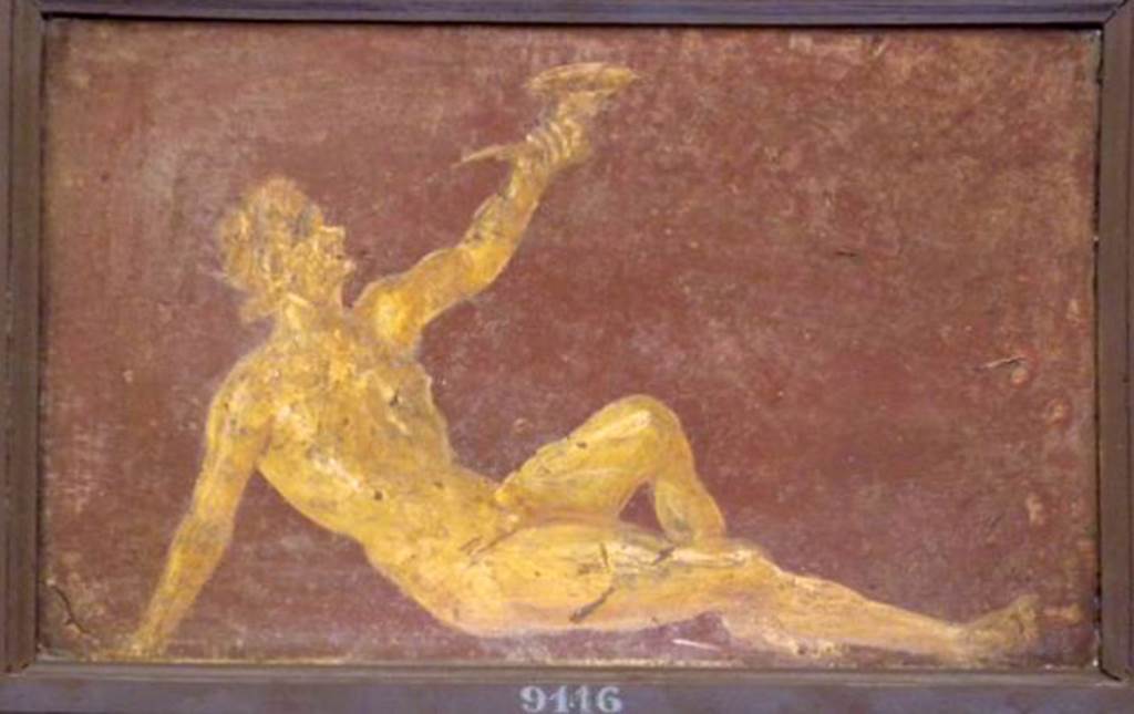 Stabiae, Villa Arianna, found 17th January 1761. Room F. Painting of a seated satyr.
Now in Naples Archaeological Museum. Inventory number 9116.
See Sampaolo V. and Bragantini I., Eds, 2009. La Pittura Pompeiana. Electa: Verona, p. 482.
See Pagano, M. and Prisciandaro, R., 2006. Studio sulle provenienze degli oggetti rinvenuti negli scavi borbonici del regno di Napoli.  Naples: Nicola Longobardi, p. 246.