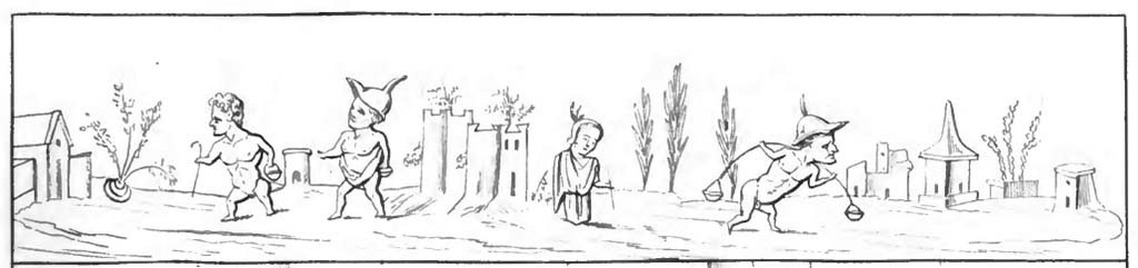 Stabiae, Villa Arianna, found 3rd January 1761. Room E, landscape fresco with pygmies.
Now in Naples Archaeological Museum. Inventory number 9098.
Drawing of fresco by Abbate, dated pre-1843.
See Raccolta de più interessante Dipinture e di più belle Musaici rinvenuti negli Scavi di Ercolano, di Pompei, e di Stabia. 1843. Napoli, p. 73.