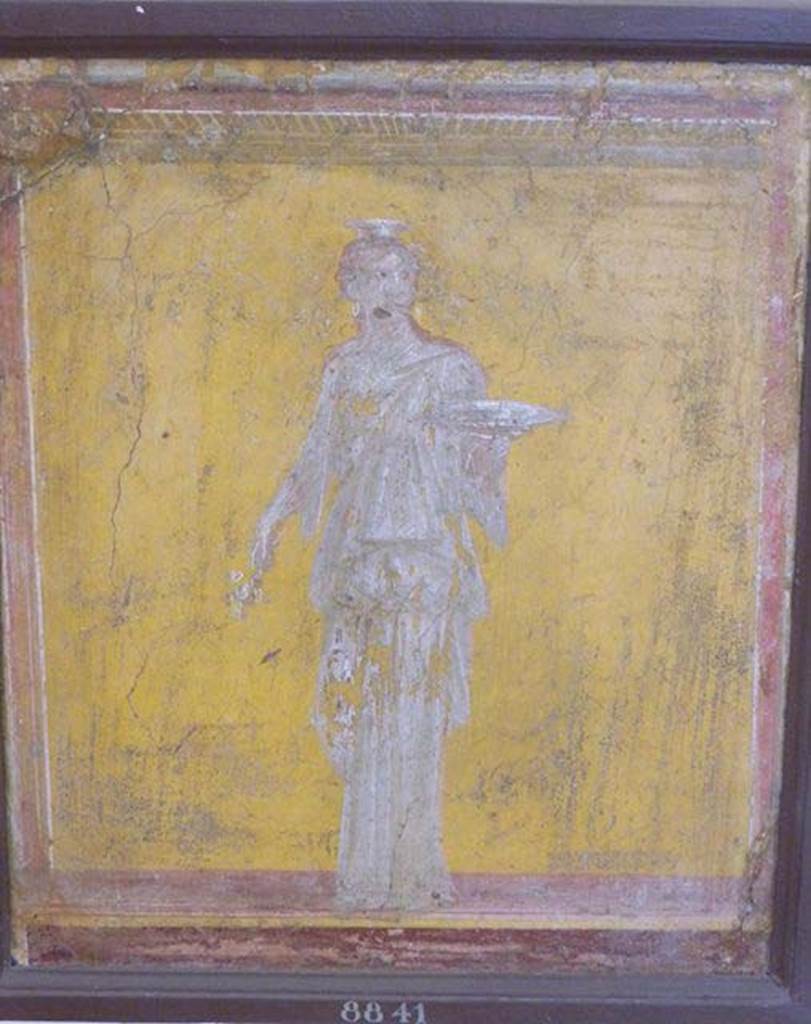 Stabiae, Villa Arianna, found 24th December 1760. 
Room E, painted panel of woman (caryatid).
Now in Naples Archaeological Museum. Inventory number 8841.
See Sampaolo V. and Bragantini I., Eds, 2009. La Pittura Pompeiana. Electa: Verona, p. 474-5.